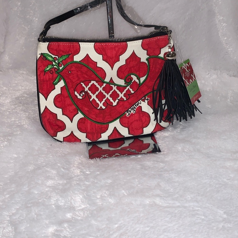 BRIGHTON Red and White Love Dove Pouch Shoulder Bag with Geometric Pattern